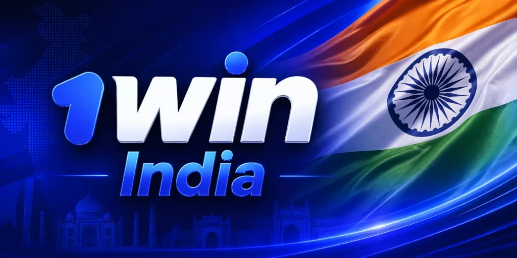 A promotional banner featuring the "1Win India" logo in bold white and blue text. The design includes a waving Indian flag on the right and dark silhouettes of the Taj Mahal and other landmarks at the bottom.