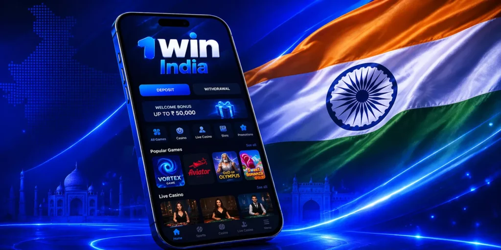 A smartphone displaying the 1Win India app interface against a blue background with the Indian flag. The screen shows betting categories, a welcome bonus up to ₹50,000, and popular games like Vortex and Aviator.